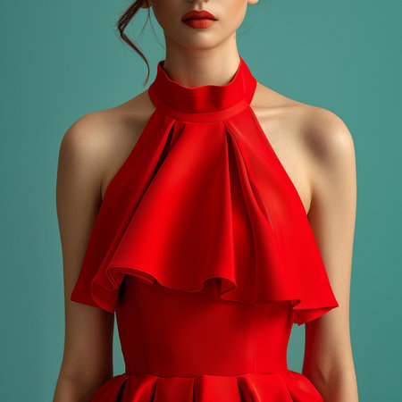 Beautiful female body in a red dress on a blue background.の素材