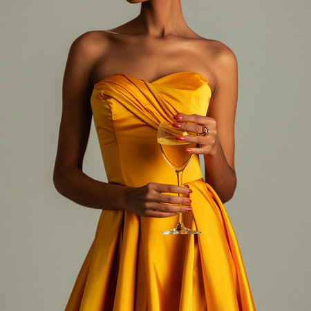 cropped view of woman in yellow dress holding glass of champagne isolated on greyの素材