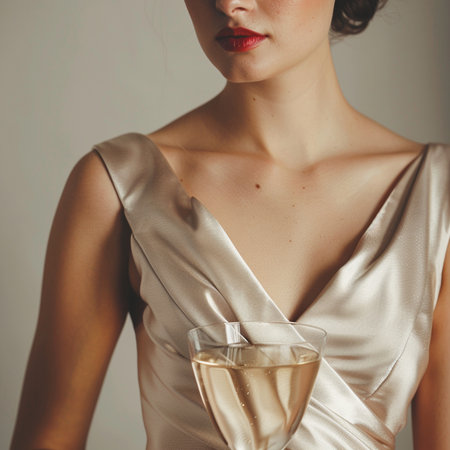 Beautiful woman in evening dress with glass of champagne, close upの素材