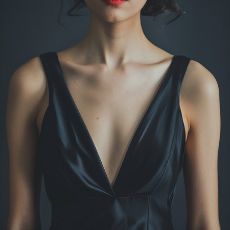 beautiful woman in black dress on gray background, closeup photoの素材