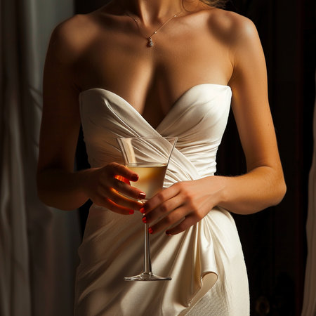 Beautiful sexy woman in a wedding dress with a glass of champagne.の素材