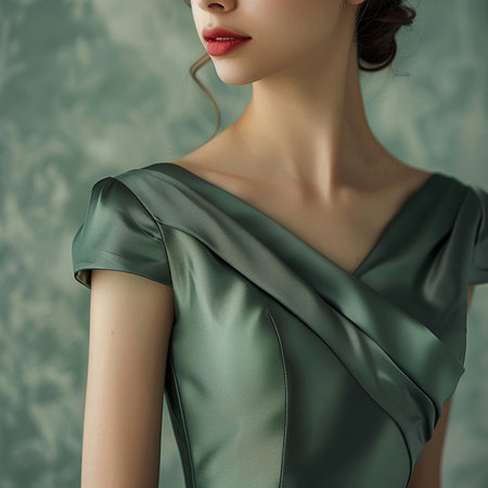 Fashion photo of a beautiful young woman in a green dress.の素材