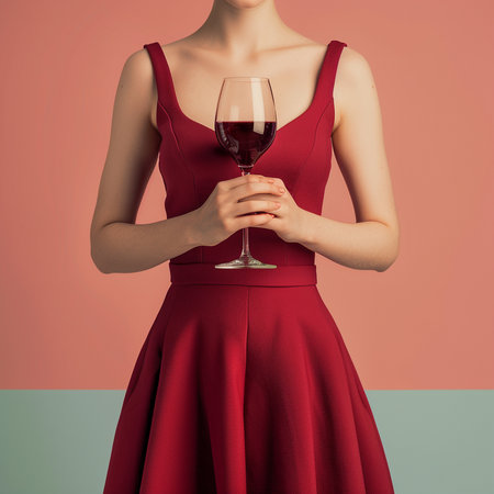 cropped shot of woman in red dress holding glass of red wineの素材