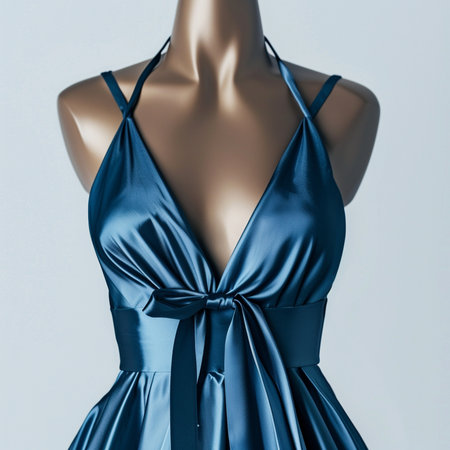 Fashionable blue evening dress on a mannequin in studio.の素材