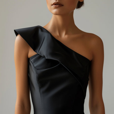 Fashionable black evening dress on a female model on gray backgroundの素材