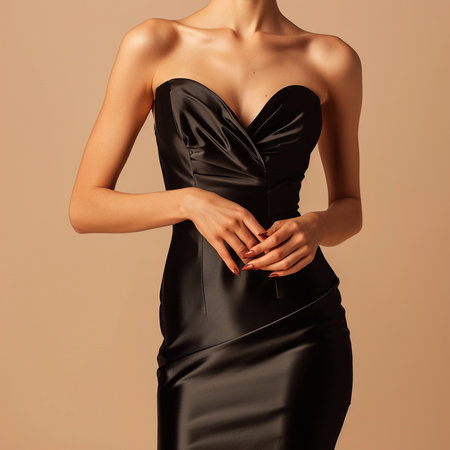 Fashion photo of beautiful woman in black evening dress. Studio shot.の素材