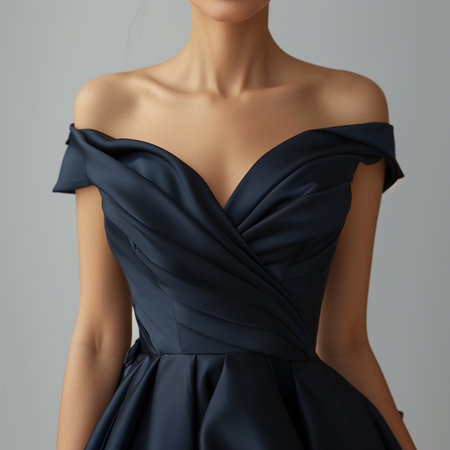 fashion studio photo of beautiful woman with dark hair in elegant evening dressの素材