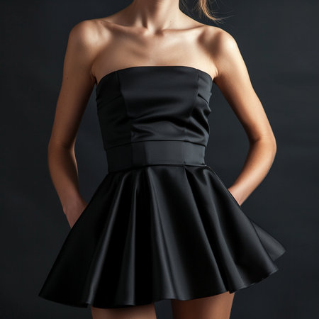 Fashion photo of beautiful young woman in black dress on dark backgroundの素材