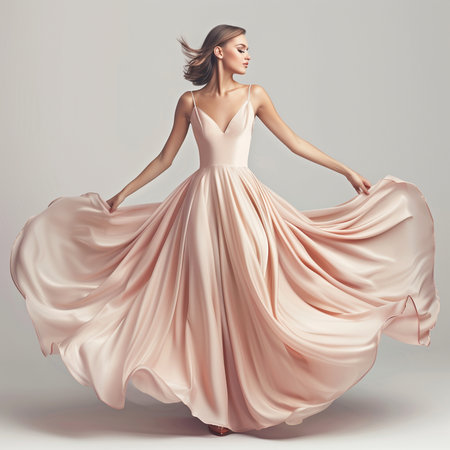 Full length portrait of a beautiful young woman in elegant dress. Fashion photo.の素材