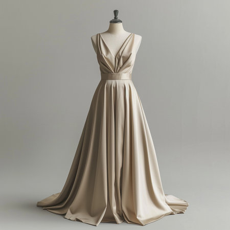 Wedding dress on a mannequin. Wedding dress on a gray backgroundの素材