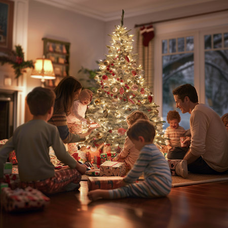 Happy family decorating Christmas tree in living room at home. Young parents with children sitting on the floor in front of the fireplace and opening presentsの素材