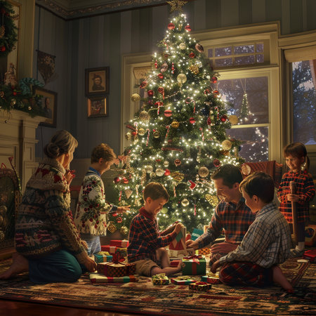 Happy family decorating Christmas tree in living room at home. Father, mother and children presents openingの素材