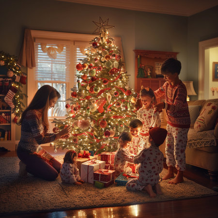 Happy family with children decorating Christmas tree at home in the living roomの素材