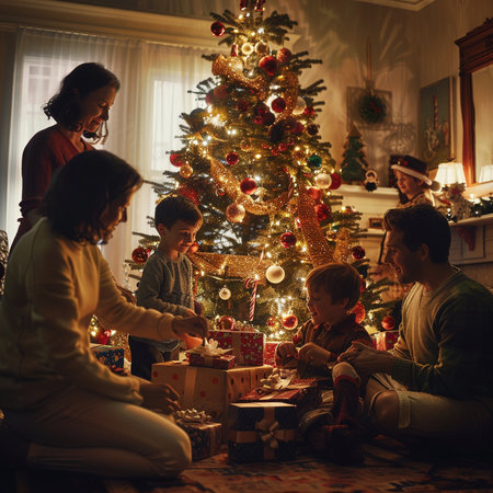 Happy family decorating Christmas tree at home. Mother, father and children presents opening.の素材