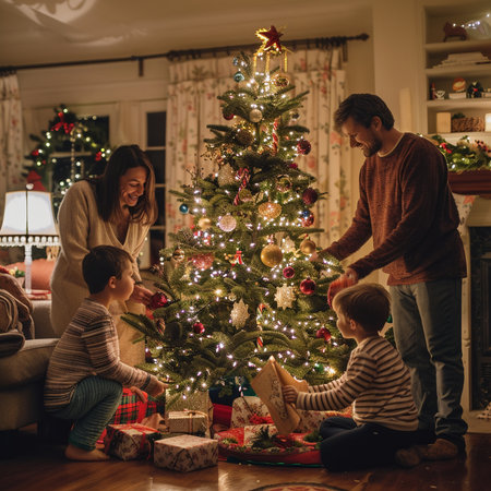 Happy family decorating Christmas tree at home. Mother, father and children presents openingの素材