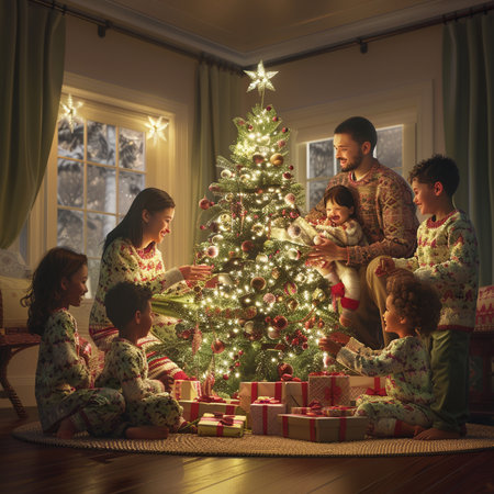 Happy family decorating a Christmas tree at home in the living roomの素材