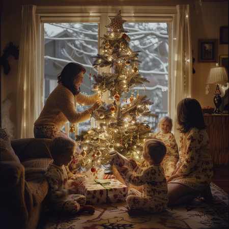Happy family with kids decorating Christmas tree at home. Mother, father and children.の素材