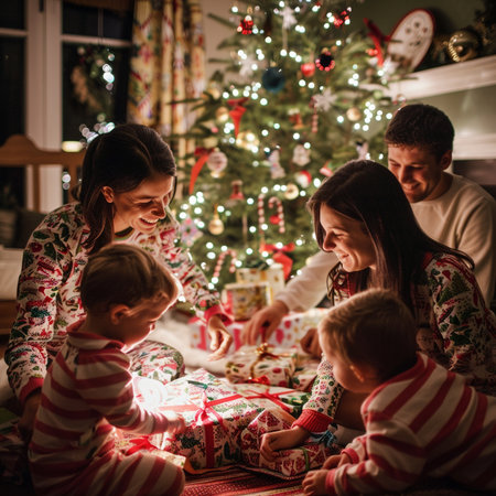 Happy family in pajamas opening christmas presents at home.の素材