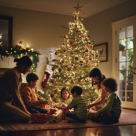 Happy family with kids decorating Christmas tree at home in the living roomの素材