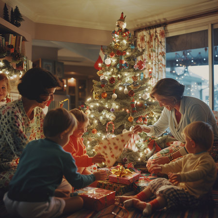 Happy family with kids decorating Christmas tree at home. Mother, father and children presents opening.の素材