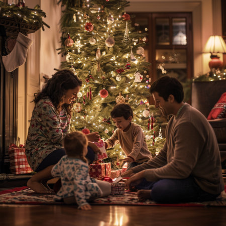Happy family opening Christmas presents at home in front of a decorated Christmas treeの素材