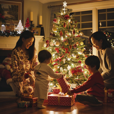 Happy family opening Christmas gifts at home in the living room. Christmas and New Year concept.の素材