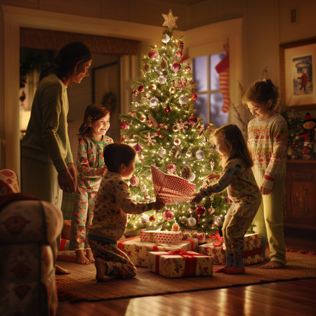 Happy family decorating Christmas tree at home. Mother, father and children presents openingの素材