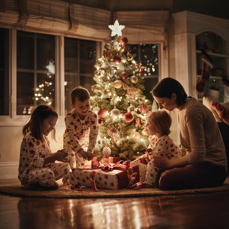 Happy family with two kids decorating a Christmas tree at home.の素材