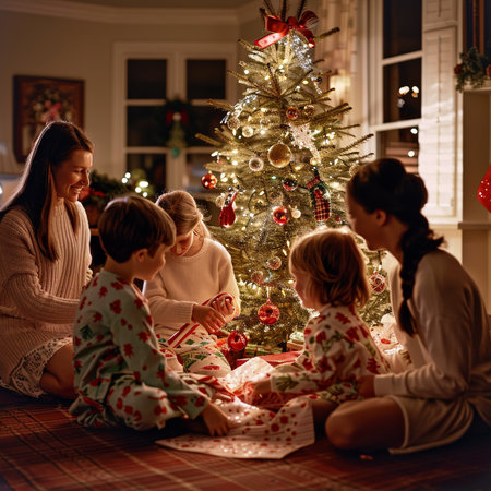 Happy family sitting near Christmas tree and opening presents at home. Young mother with her kids at home.の素材
