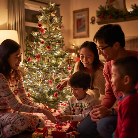 asian family decorating christmas tree in living room at homeの素材