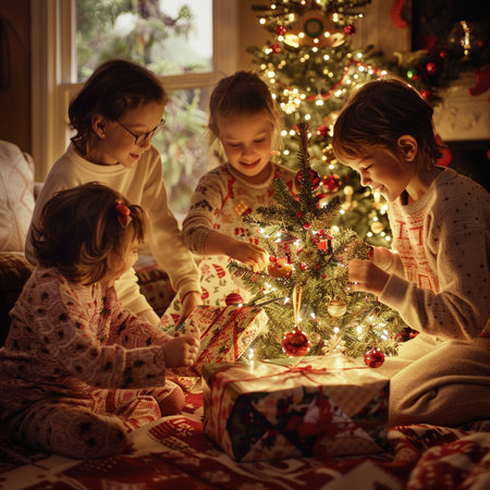Group of children decorating a Christmas tree in the living room at homeの素材