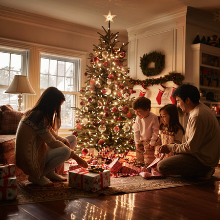 Happy family decorating christmas tree at home. Young parents and their kids presents opening.の素材