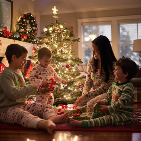 Mother and her kids decorating a Christmas tree at home in the living roomの素材