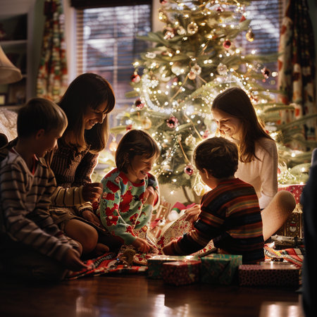 Happy family with children decorating Christmas tree in living room at homeの素材