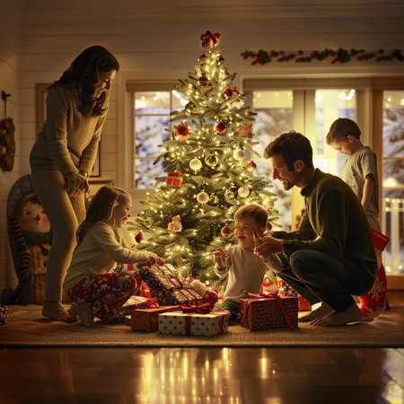 Happy family decorating Christmas tree in living room at home. Young parents with children opening presents.の素材