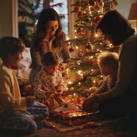 Happy family decorating Christmas tree at home. Mother, father and children with presentsの素材