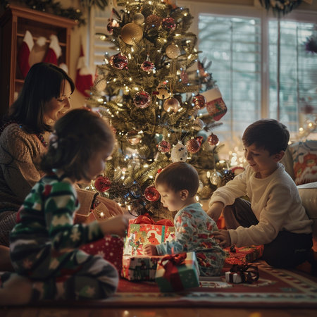 Happy family, mother, father and children, opening Christmas presents at homeの素材