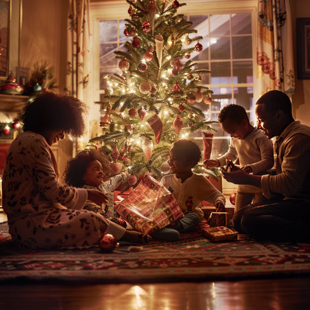 Happy african american family decorating christmas tree at homeの素材