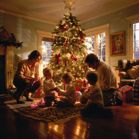 Happy family at home near Christmas tree. Winter holidays concept.の素材