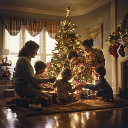 Happy family decorating a Christmas tree in their living room at homeの素材