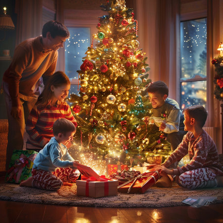 Happy family with children decorating a Christmas tree in the living room at homeの素材