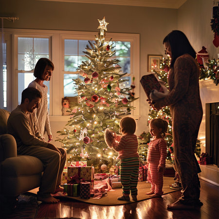 Happy family decorating Christmas tree in living room at home. Mother, father and daughter presents opening.の素材