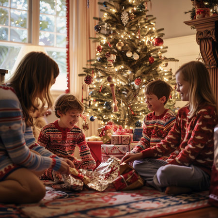 Happy family sitting near Christmas tree and opening presents in living room at homeの素材
