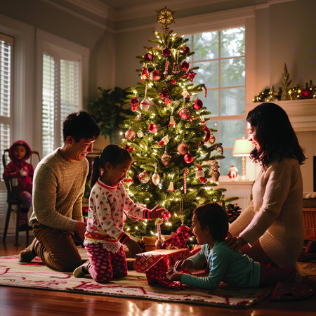 Happy family of four decorating Christmas tree in living room at homeの素材