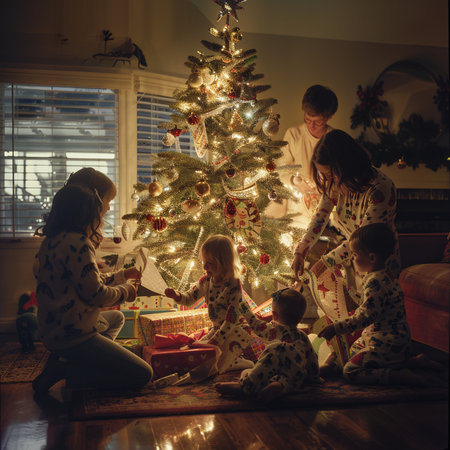 Happy family decorating christmas tree at home. Mother, father and children presents opening.の素材