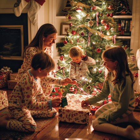 Happy family opening Christmas presents at home. Mother and kids having fun near christmas tree.の素材