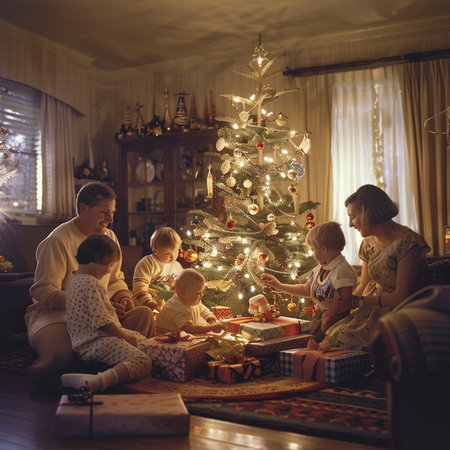 Happy family decorating Christmas tree in living room at home. Young parents with their children having fun.の素材