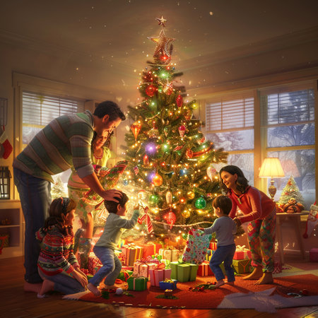 Happy family decorating Christmas tree at home. Christmas holiday concept.の素材