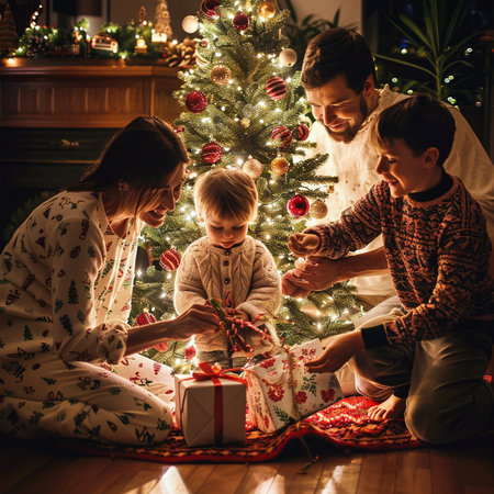 Happy family opening Christmas presents at home in front of a decorated Christmas treeの素材