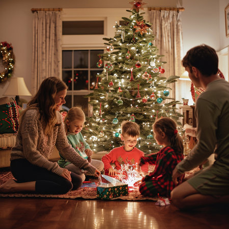 Happy family with kids decorating Christmas tree at home in the living roomの素材